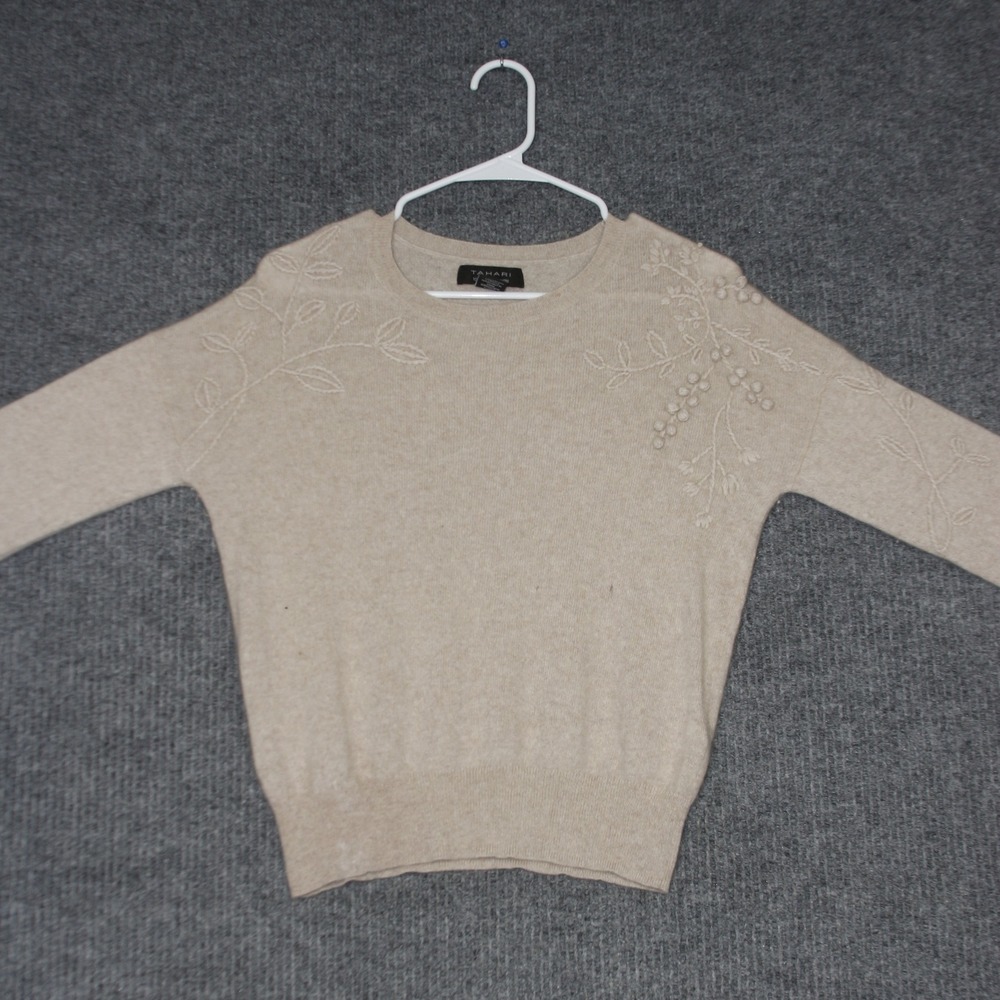 TAHARI Sweater Womens M Beige 100% Cashmere Embroidered Floral Classic Elegant